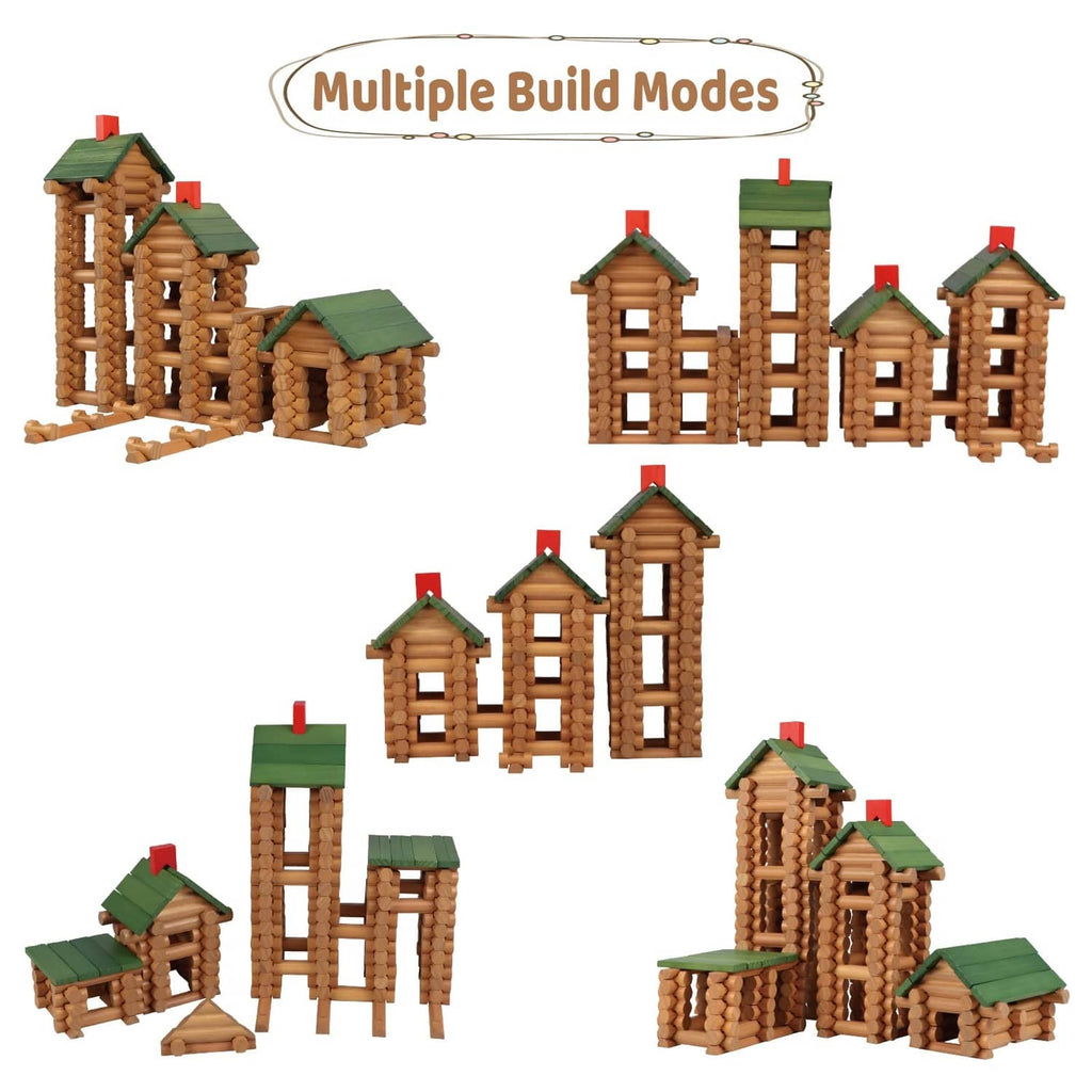 Wooden log building set showing multiple log house designs with green roofs