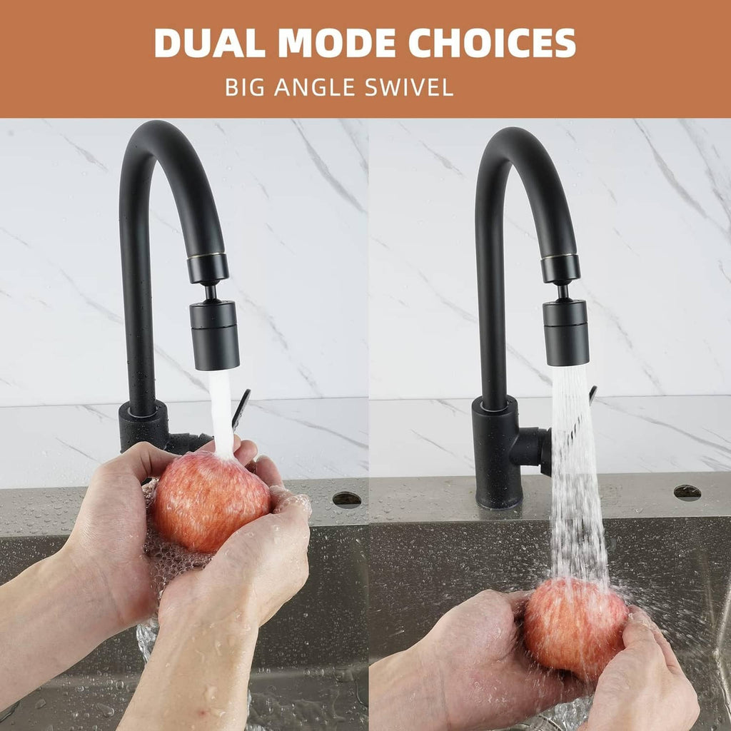 Matte black faucet aerator delivering water from a removable spout