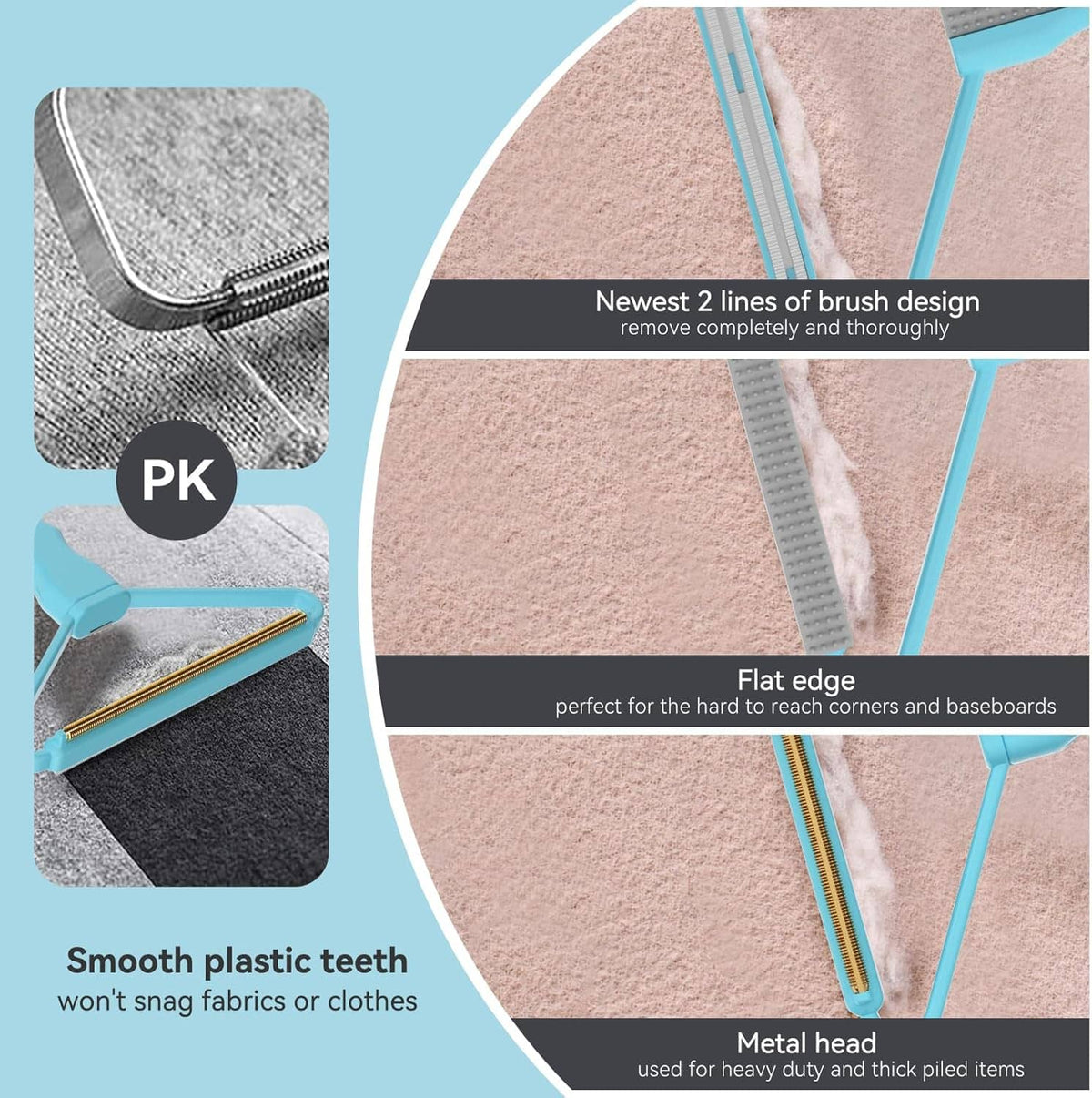 Pet hair remover rake close-up: smooth plastic teeth, metal head, flat edge design