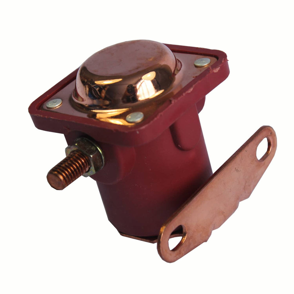 Red 12V solenoid relay with top cap, side bolt, and mounting strap