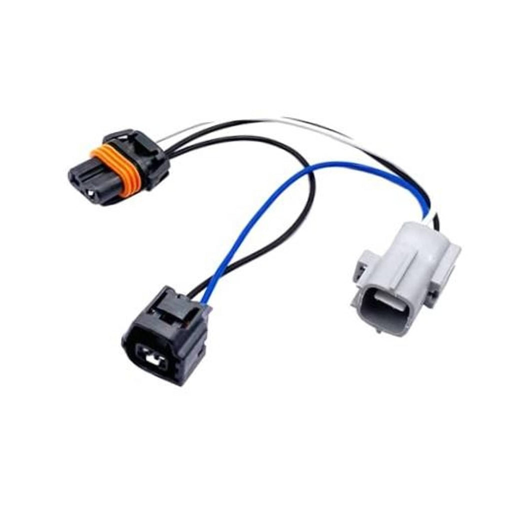 LED headlight conversion harness with two pigtail connectors and blue/black wires