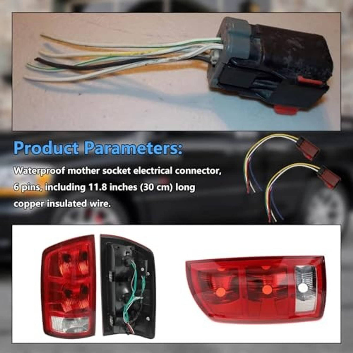 Tail light pigtail harness with brown connector and multicolor insulated wires on a work surface