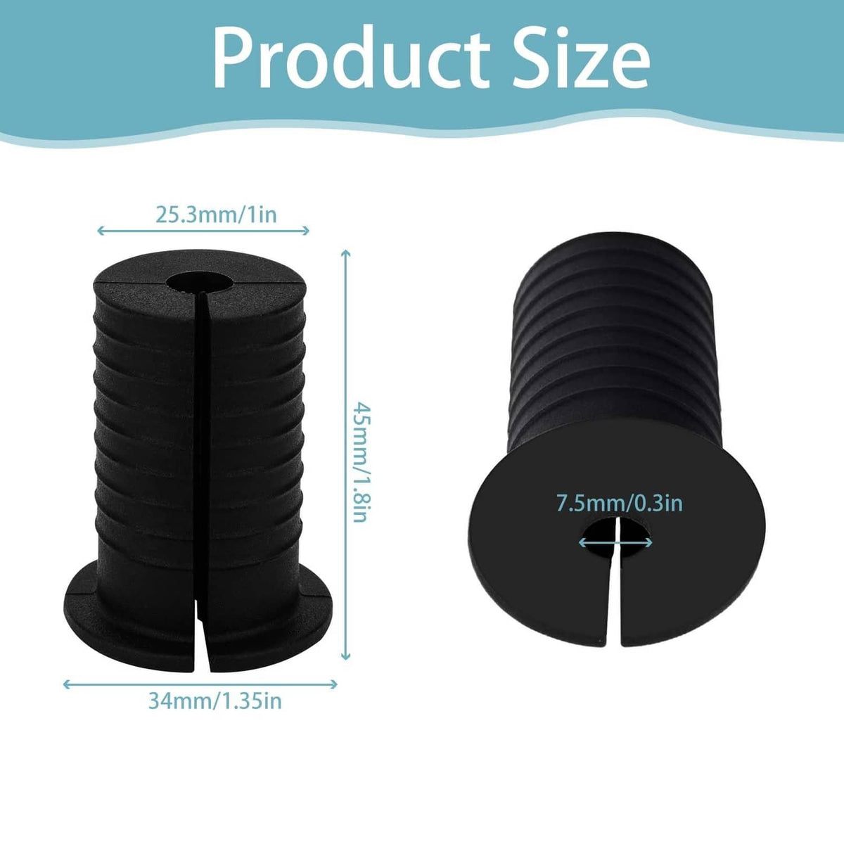 Black ribbed cable routing sleeves with circular flanges and size markings