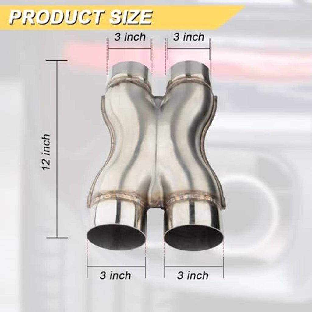 Stainless steel X-pipe exhaust, 12 in overall length, two 3 in outlet ends