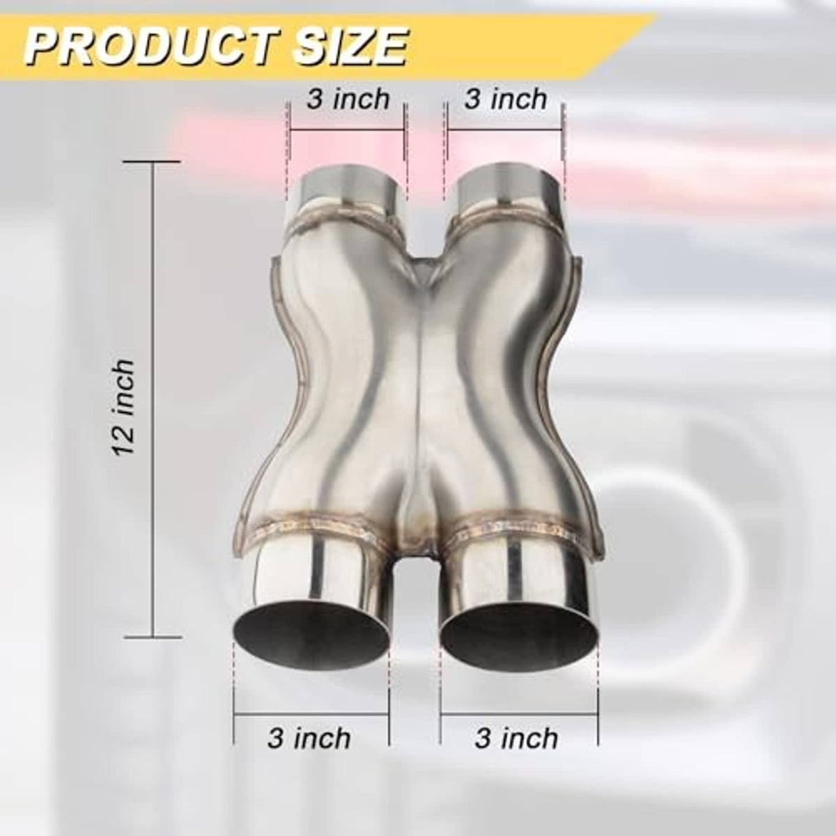 Stainless steel X-pipe exhaust, 12 in overall length, two 3 in outlet ends