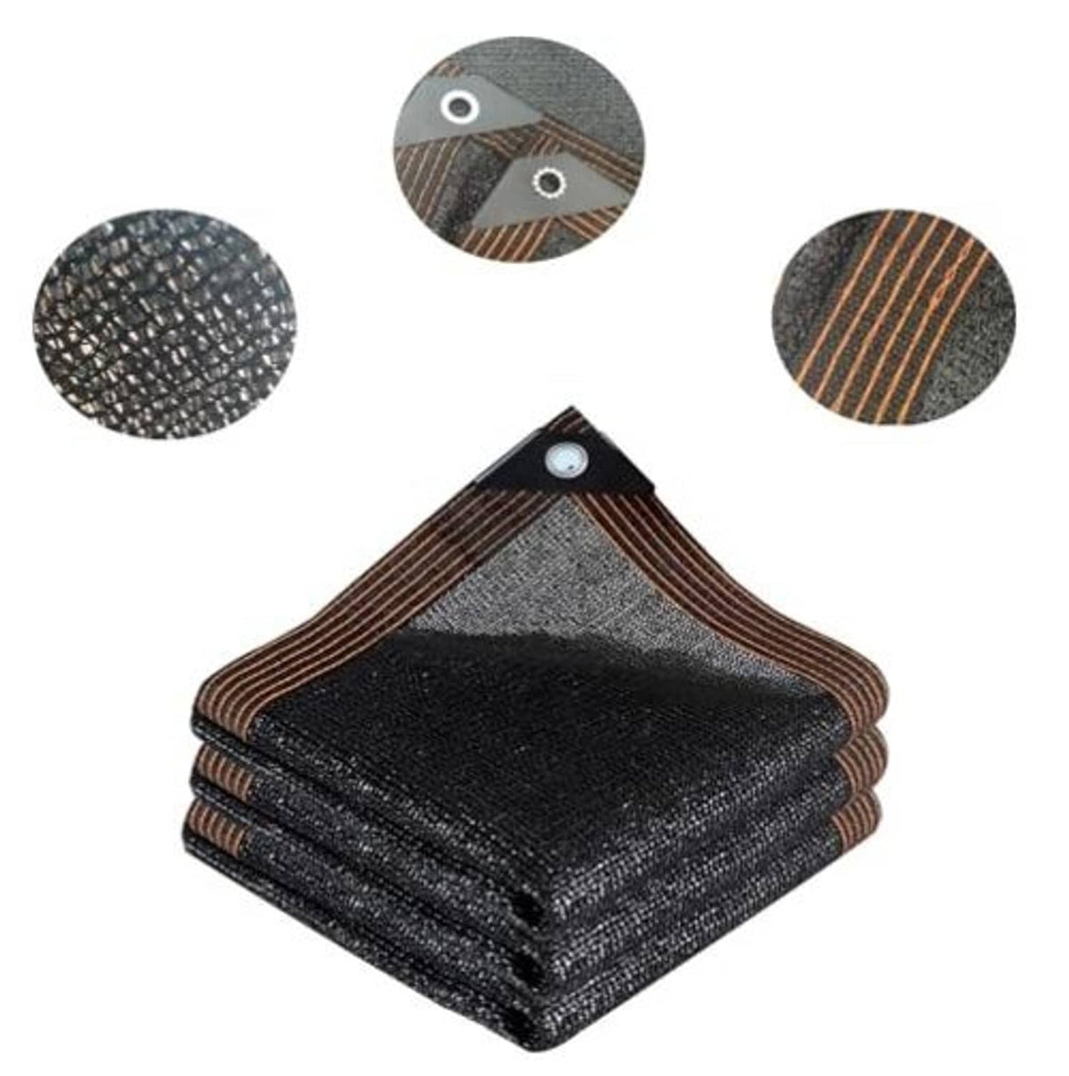 Outdoor shade mesh tarp with woven texture details and folded dark fabric corner grommet