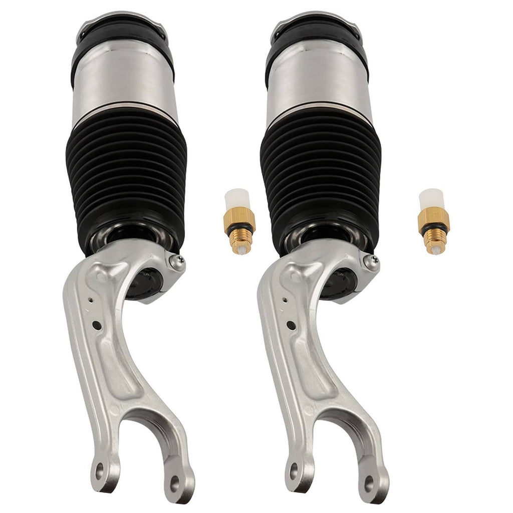 Pair of air strut shocks top ends shown, black bellows, silver bodies, and gold valve fittings