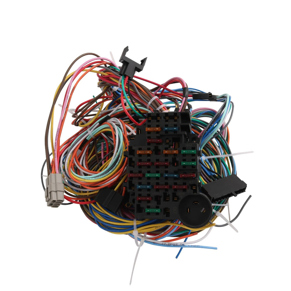 Universal 22-circuit wiring harness with multicolor wires and fuse/connector blocks