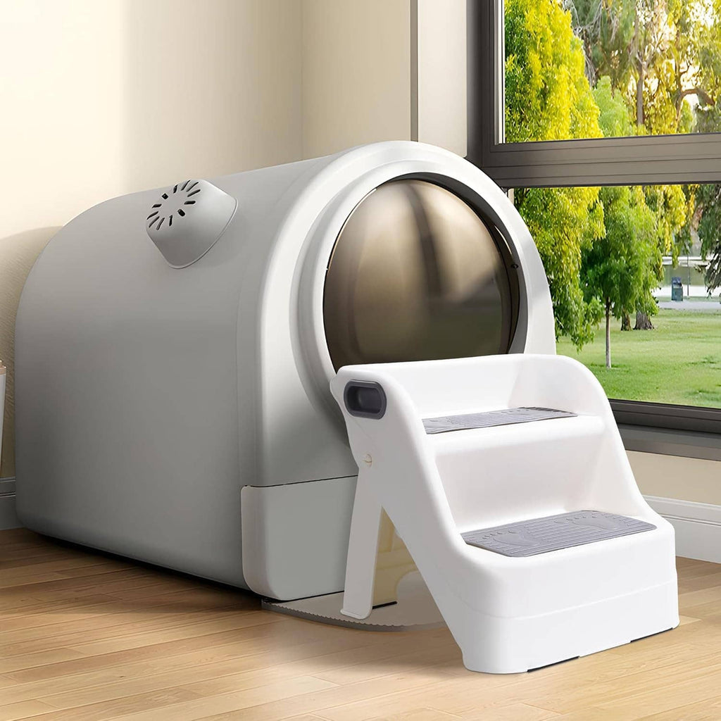 Two-step white cat ramp with dark gray anti-slip pads for litter box access