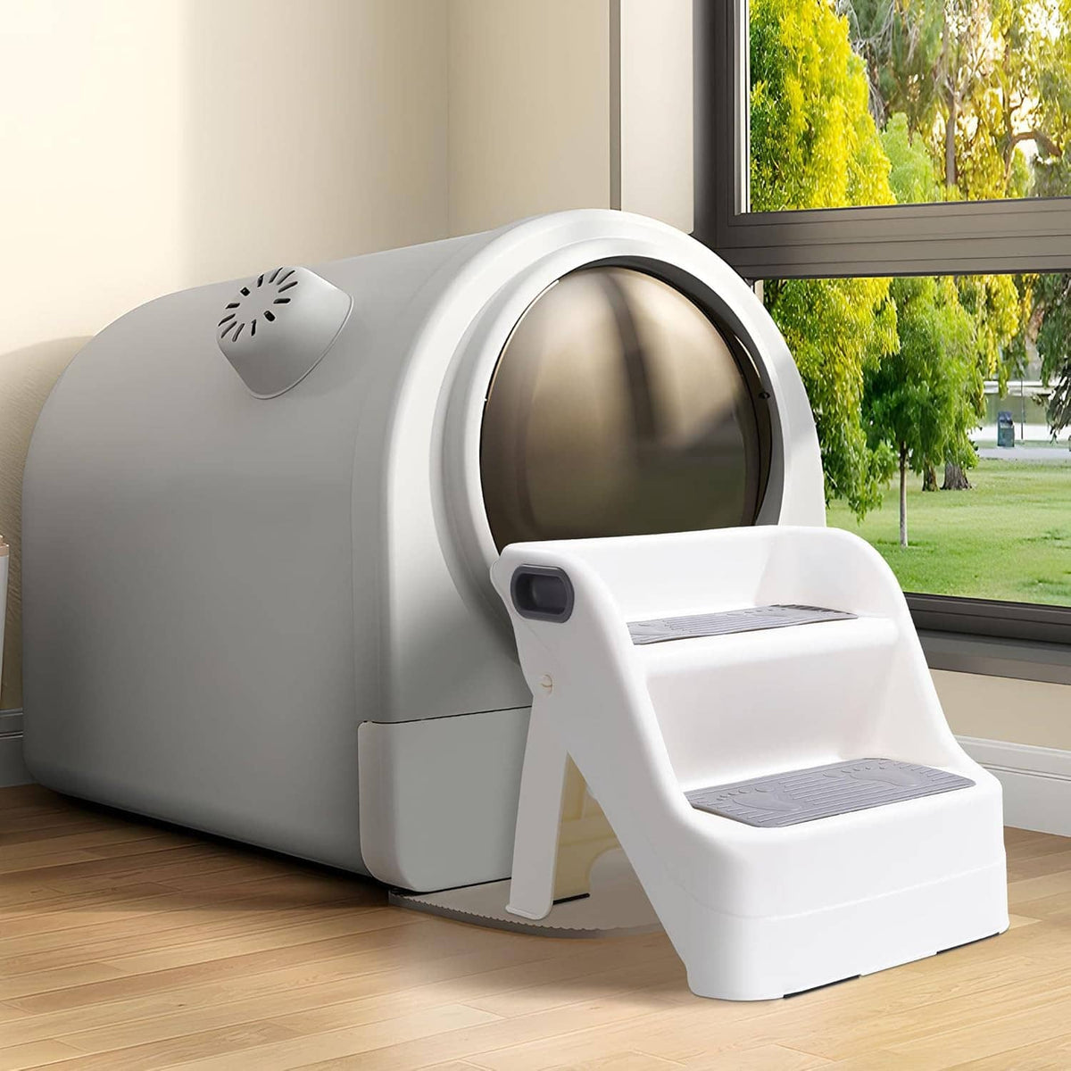 Two-step white cat ramp with dark gray anti-slip pads for litter box access