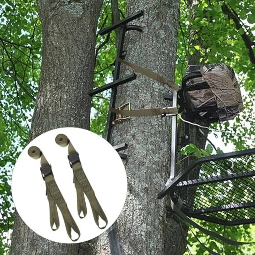 Set of 3 olive climbing straps with black buckles shown in an inset overlay