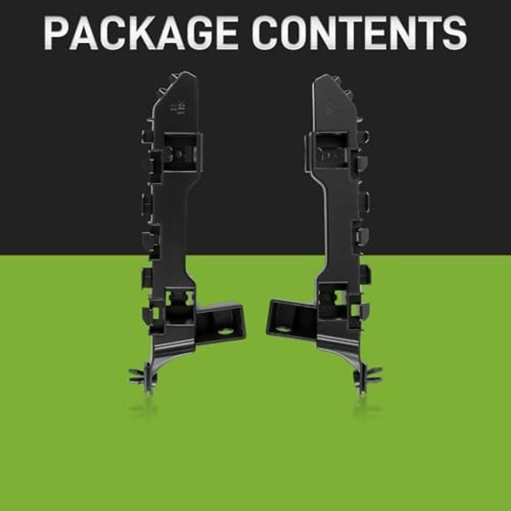 Two black front bumper side brackets with mounting studs and plastic housings