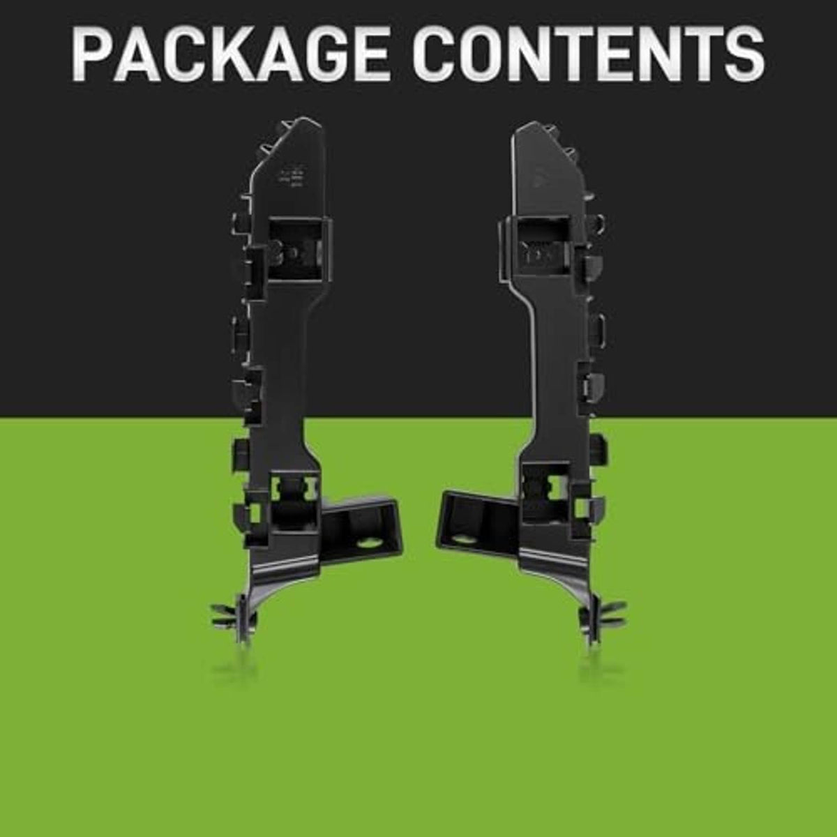 Two black front bumper side brackets with mounting studs and plastic housings