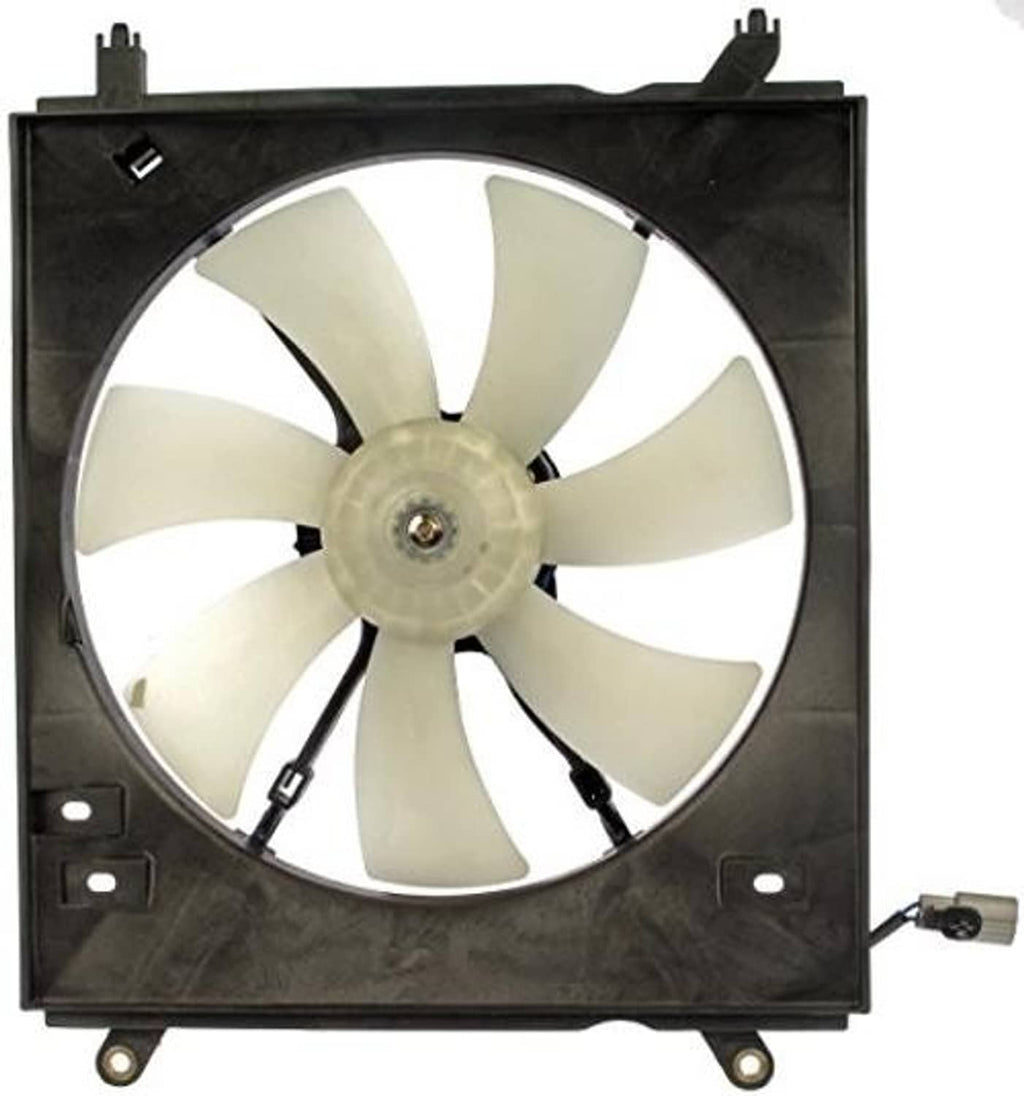 Engine cooling fan assembly with light-colored blades and black plastic mounting frame