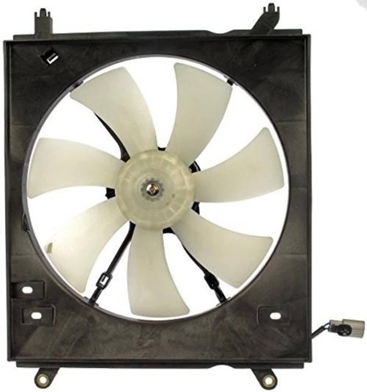 Engine cooling fan assembly with light-colored blades and black plastic mounting frame