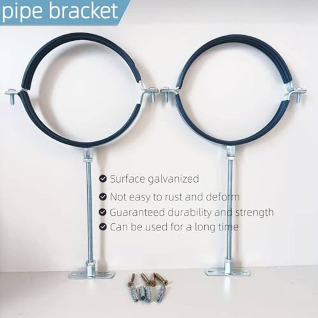 2-pack galvanized pipe bracket stands with black loops and base plates, plus screws