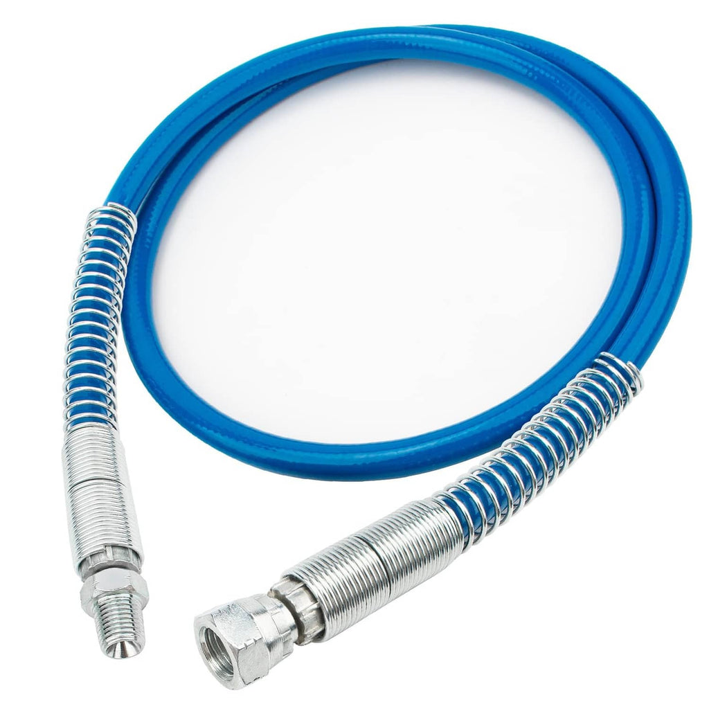 Blue flexible airless whip hose with metal couplings, 4 ft length