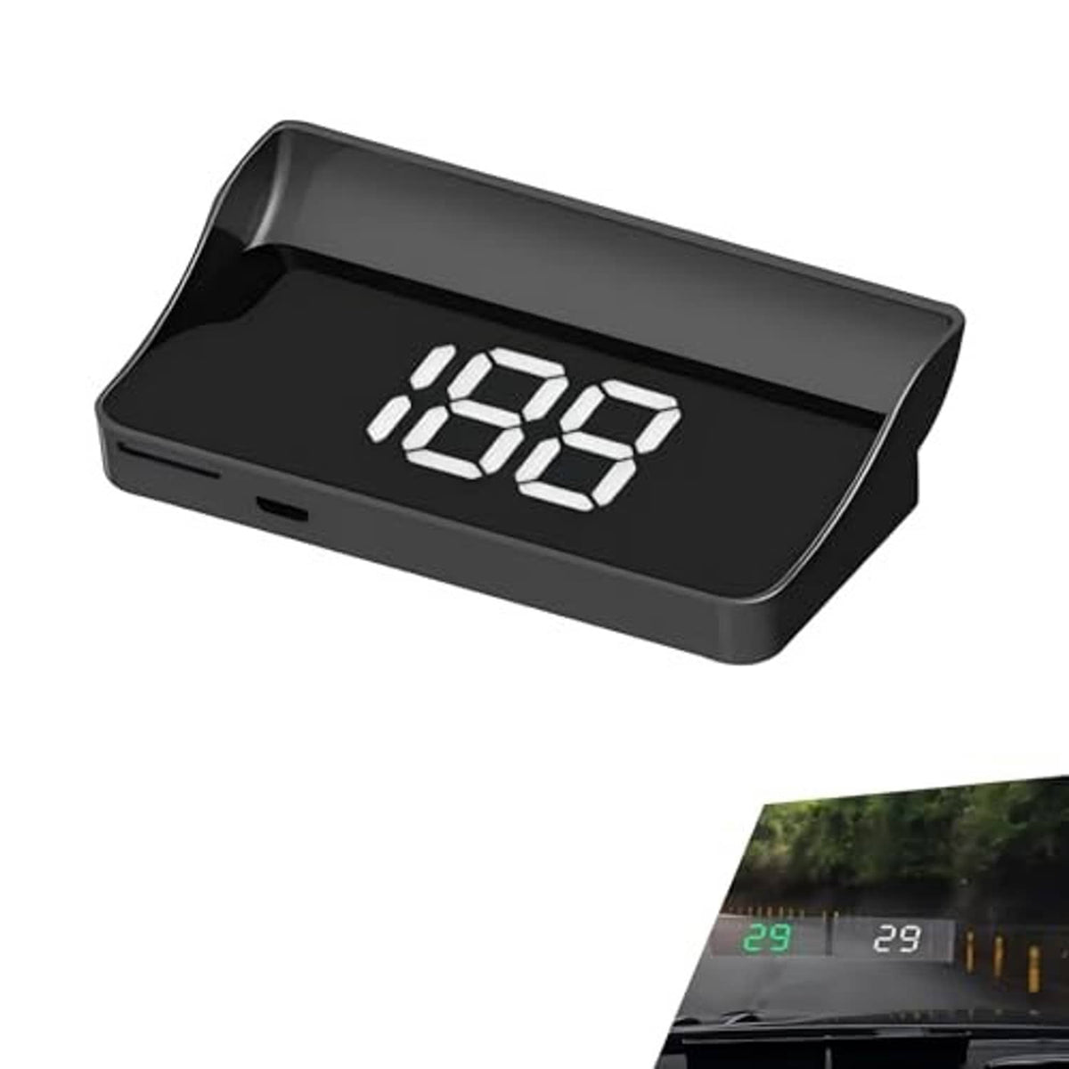 Car heads-up display unit, black housing with white digital speed readout 096