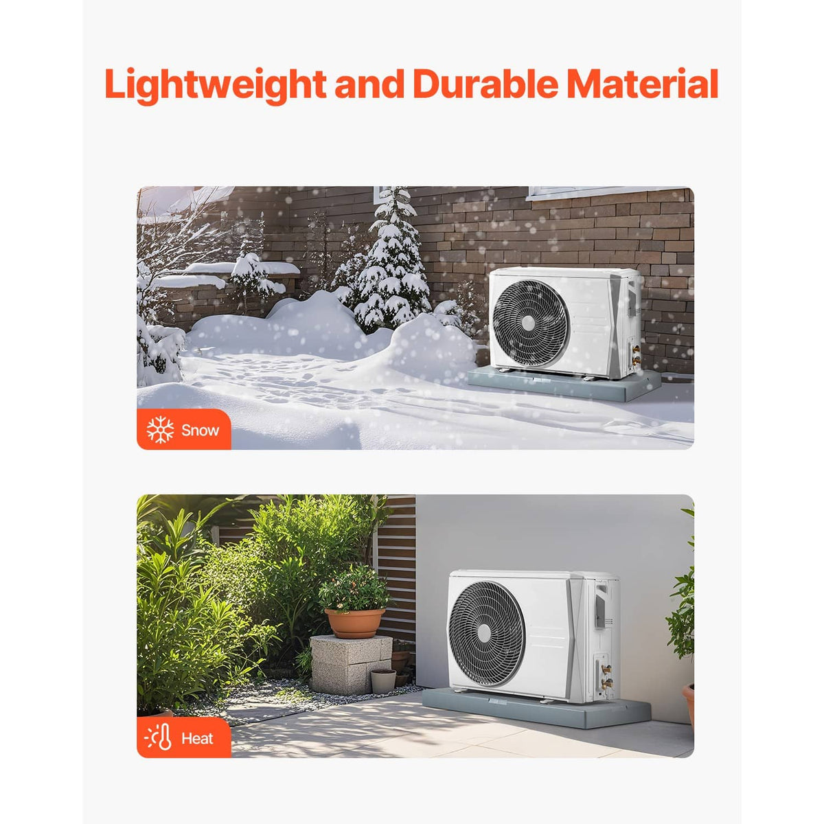 Outdoor anti-vibration pad shown under an AC unit in winter and summer scenes