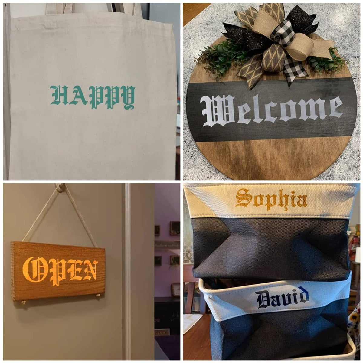 Alphabet letter designs on a tote bag, wreath, and hanging stocking