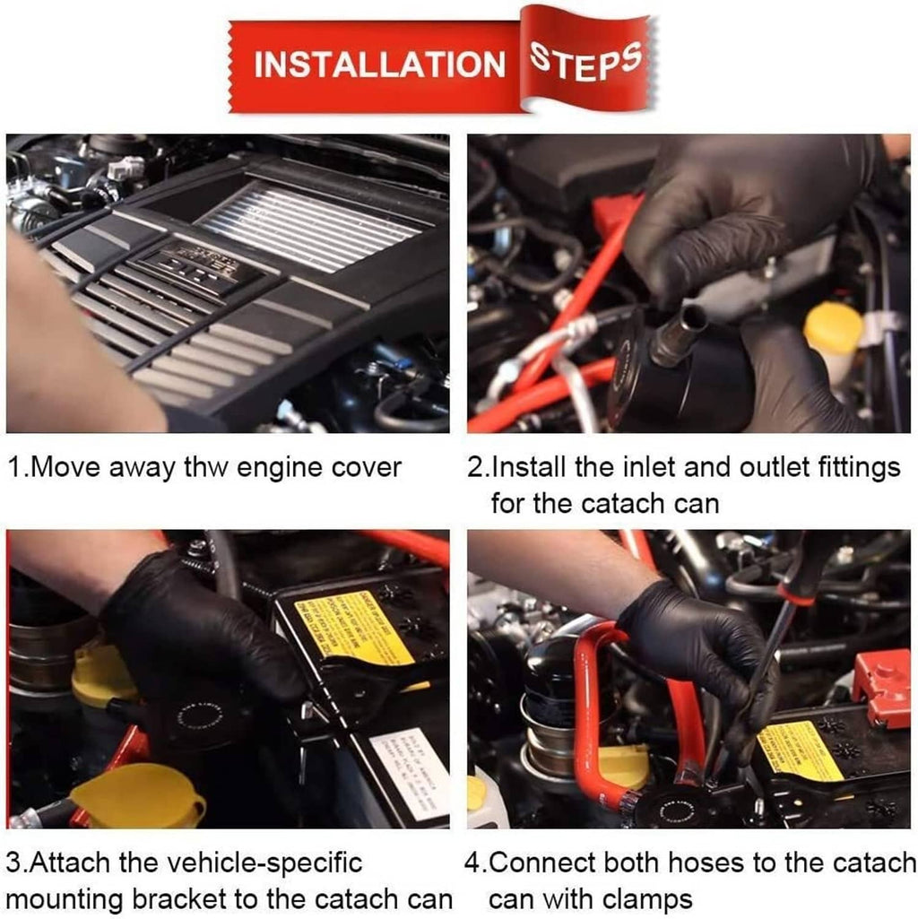 Oil catch can installation steps with hand connecting hoses to the catch can