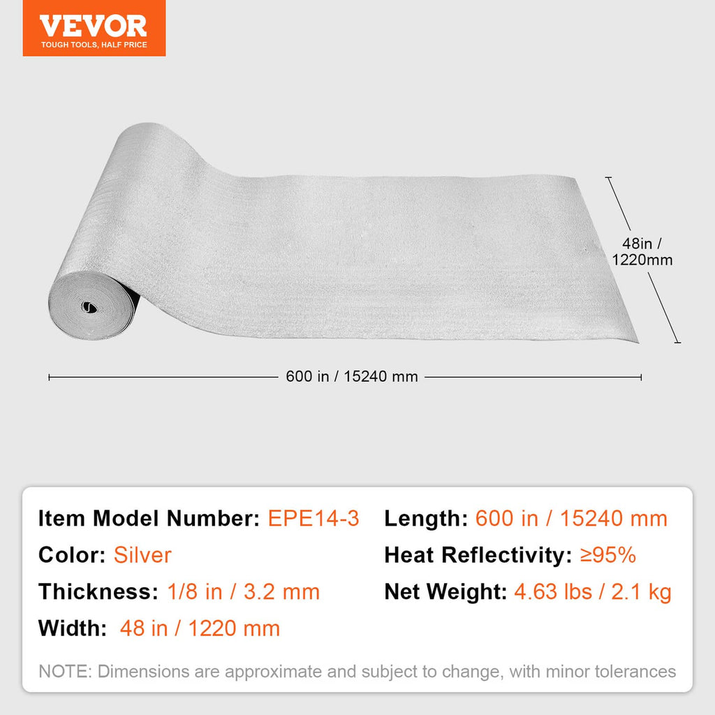 Silver reflective radiant barrier insulation roll laid flat, with visible rolled core