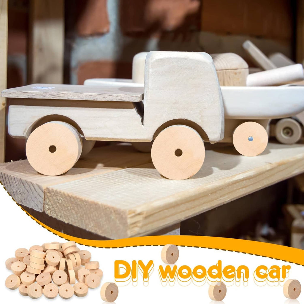 Round wooden wheels with center holes attached to a small wooden toy car
