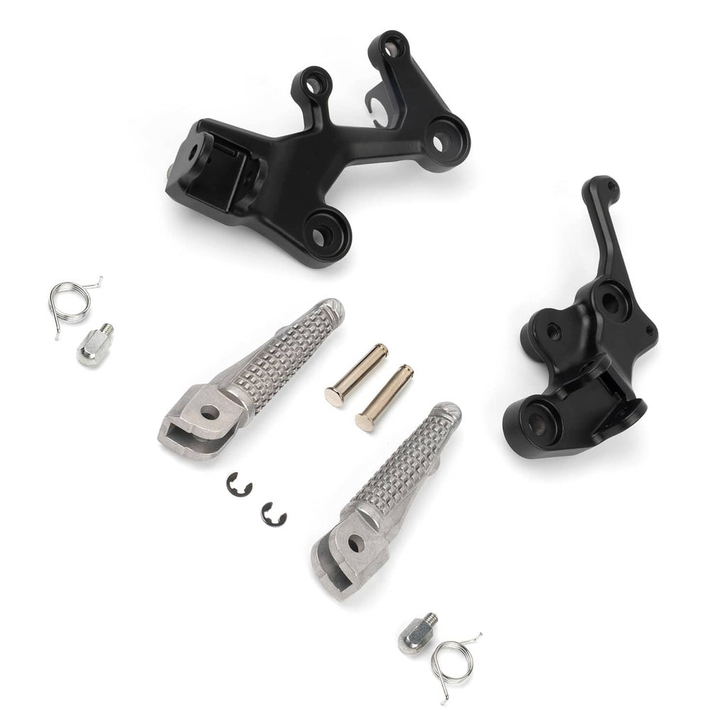 Motorcycle driver foot peg bracket set with black brackets, textured pegs, and small springs