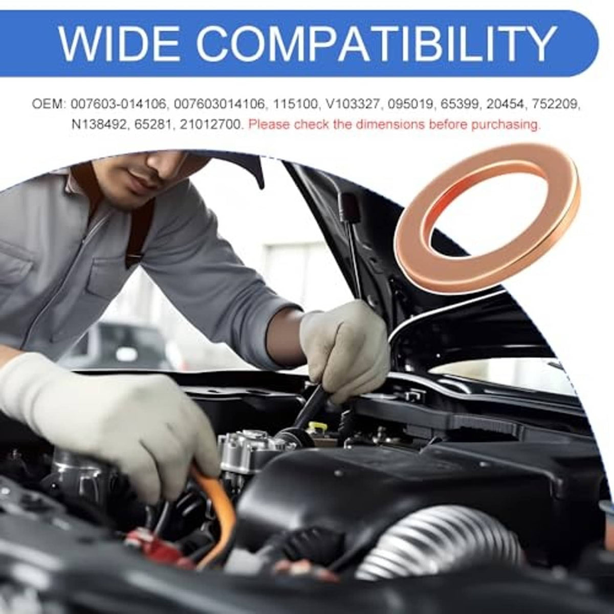 Copper oil drain plug gasket, round crush washer with center hole beside open car hood