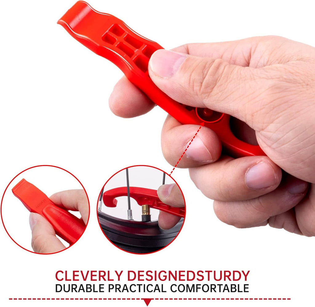 Red bicycle tire lever with hooked end, hand-held for tire removal.
