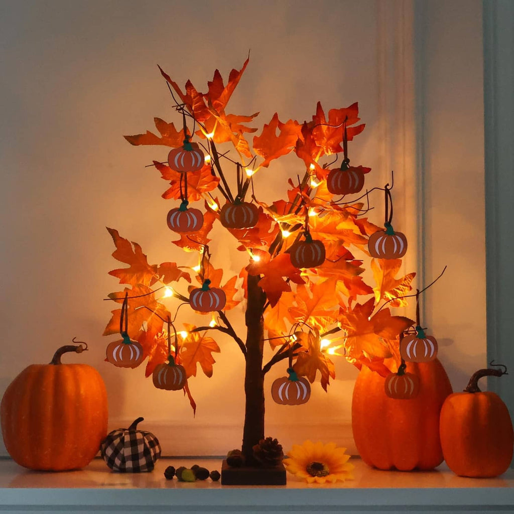 2ft fall decorative tree with orange maple leaves, warm string lights, hanging pumpkin ornaments