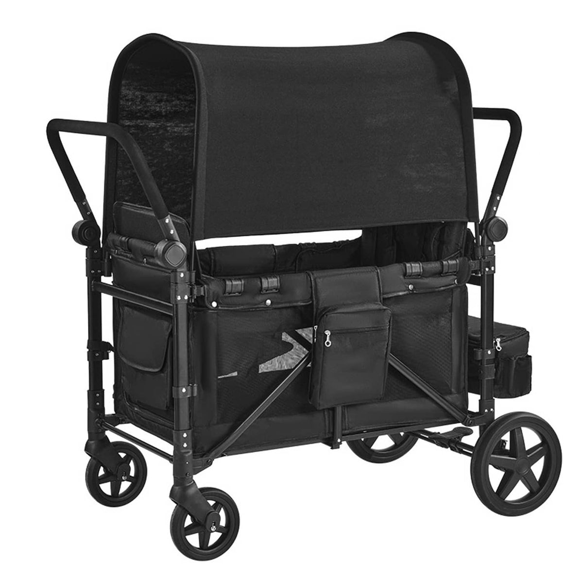 Black 4-seat wagon stroller with canopy, front storage organizers, and four wheels