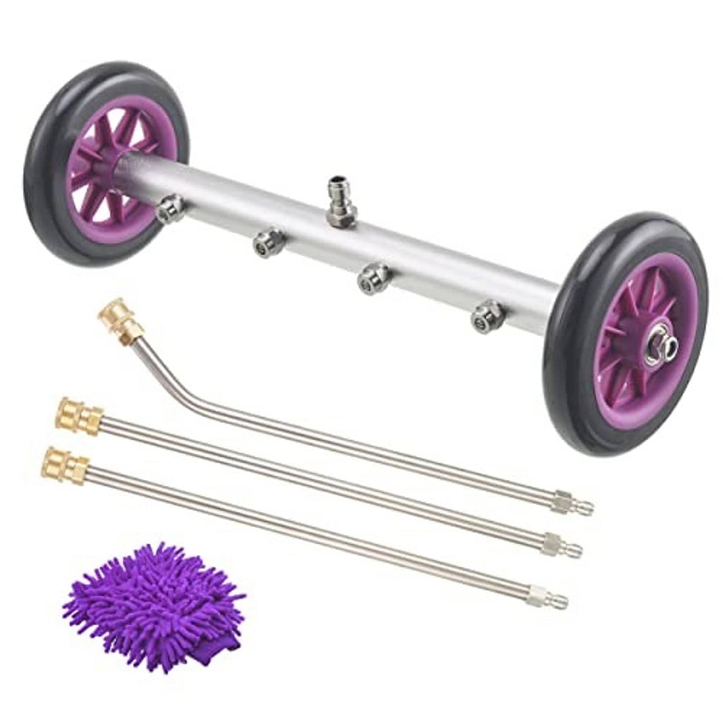 Undercarriage pressure washer cleaner kit with purple wheels, stainless nozzle rods, and brush