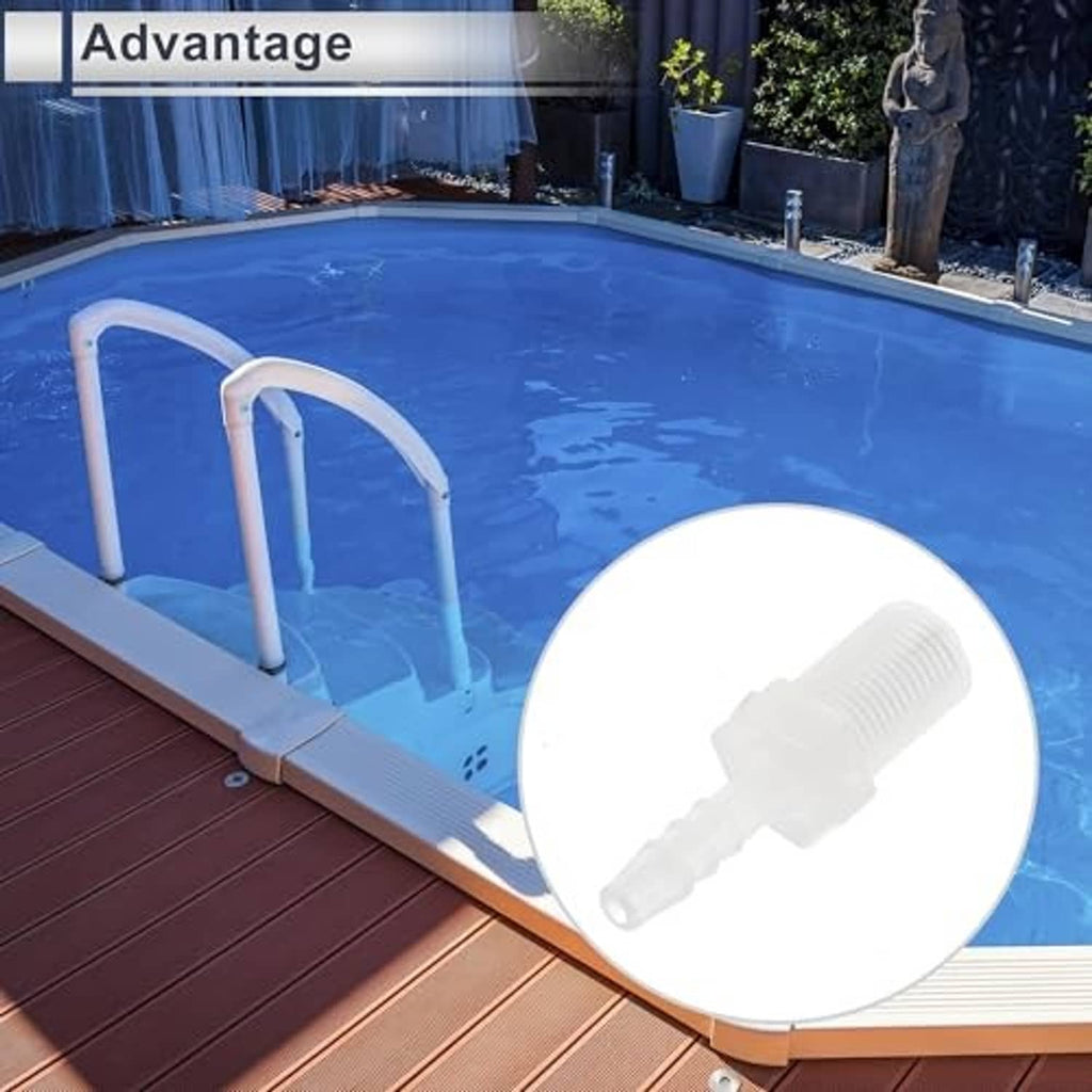 Clear plastic male hose barb adapter fitting with ribbed hose connection