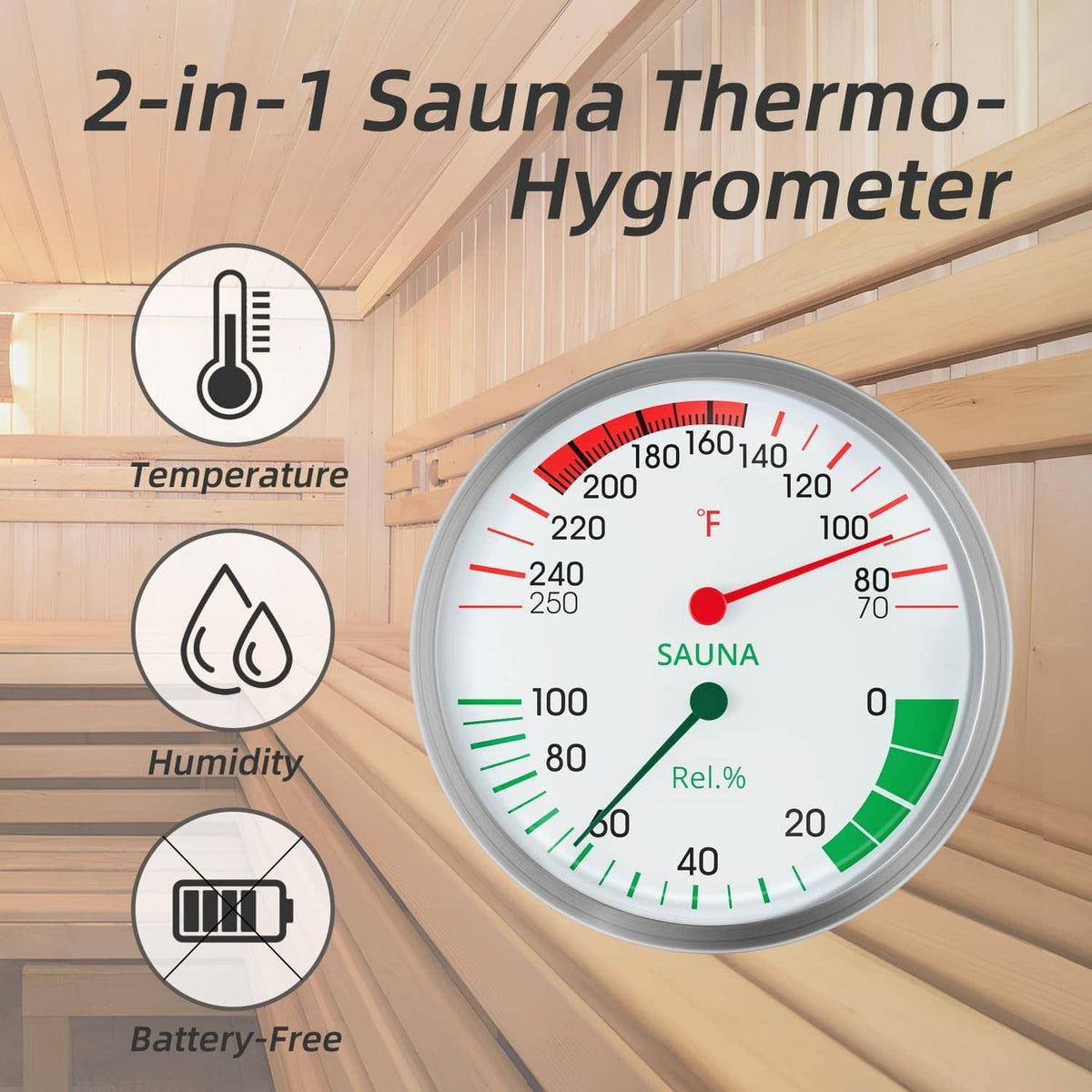 Round silver sauna thermometer hygrometer showing temperature and humidity readings