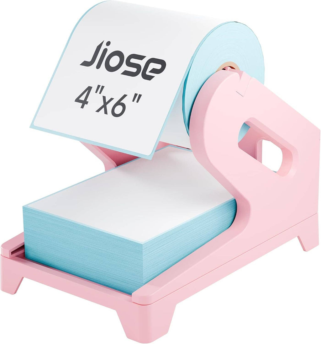 Pink thermal label holder with 4x6 label guide and angled label feed