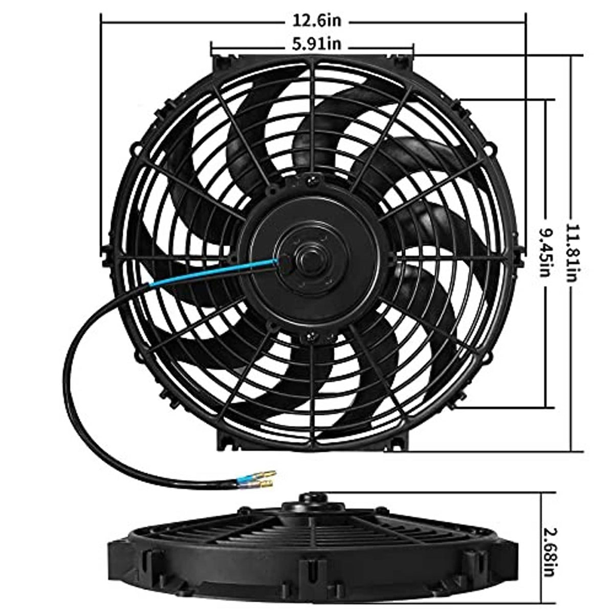 12-inch electric radiator cooling fan with dimensions, black fan and mounting base