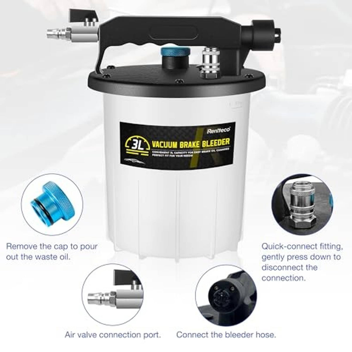 3L vacuum brake bleeder pump with blue valve cap and quick-connect fitting detail