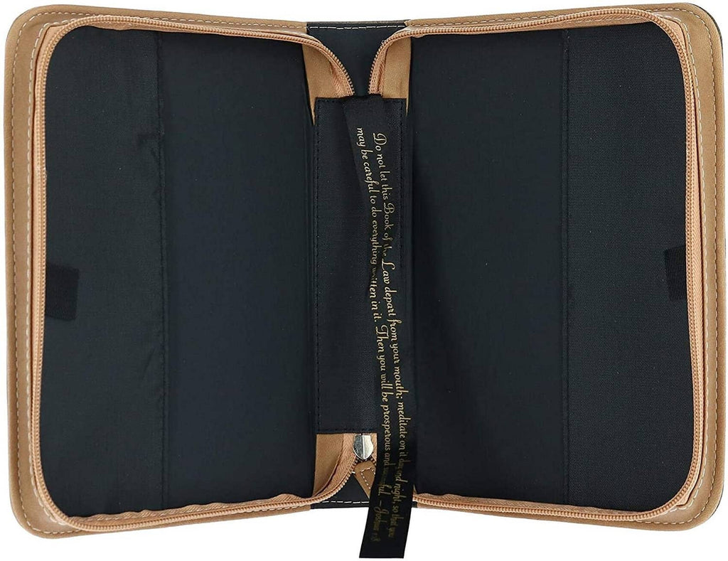 Extra-large faux leather Bible case open, showing dark interior covers and center spine band