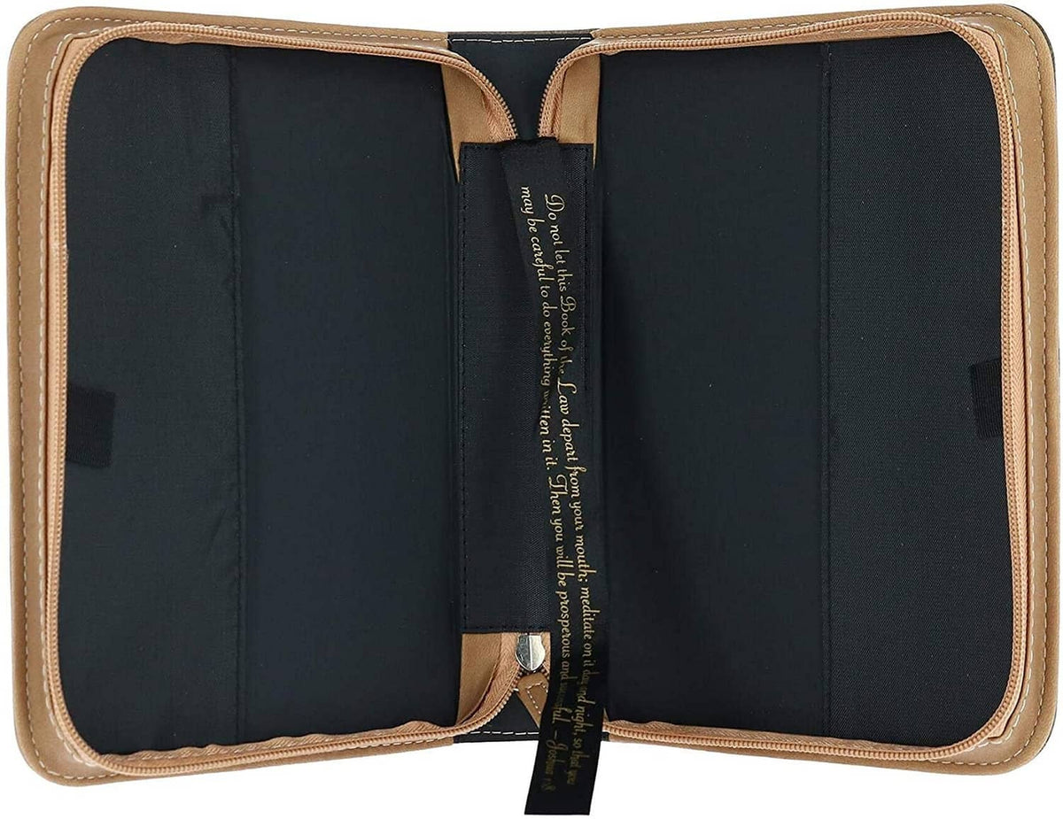 Extra-large faux leather Bible case open, showing dark interior covers and center spine band