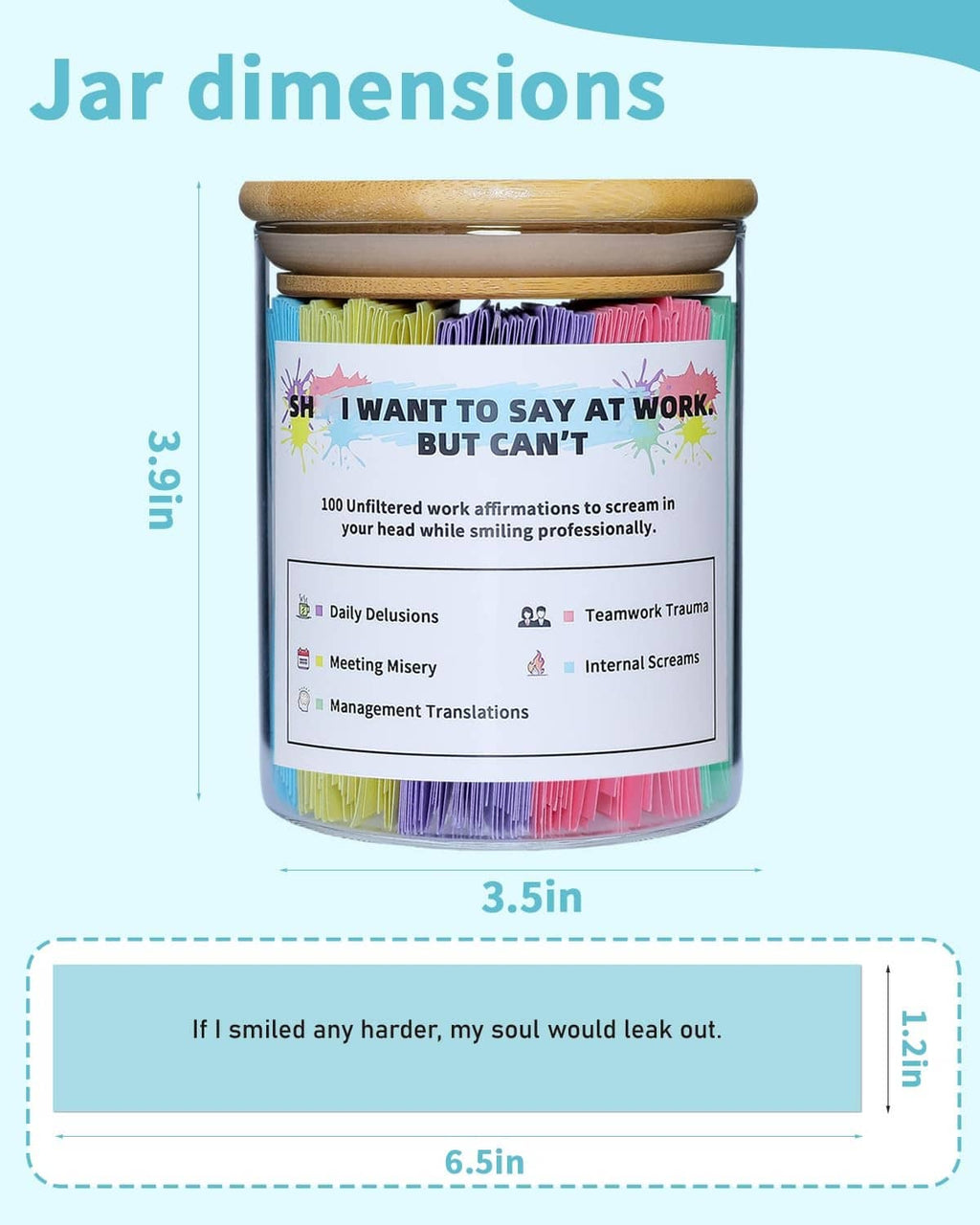 Glass jar with wood lid and color-coded affirmation notes, size shown