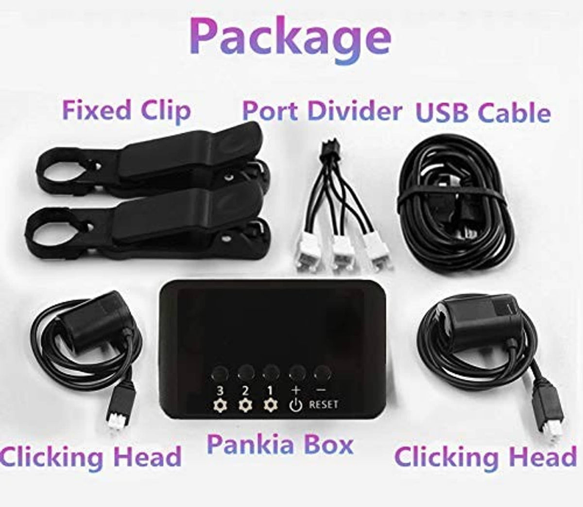 Auto clicker kit with control box, clicking heads, and USB connecting cables.