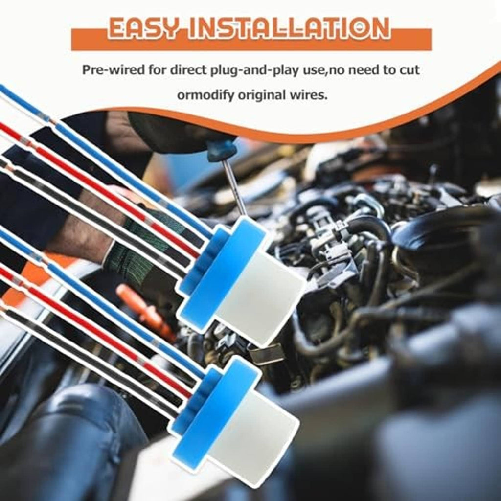 Installed 3-pin headlight wiring harness with two blue plug connectors and wire leads