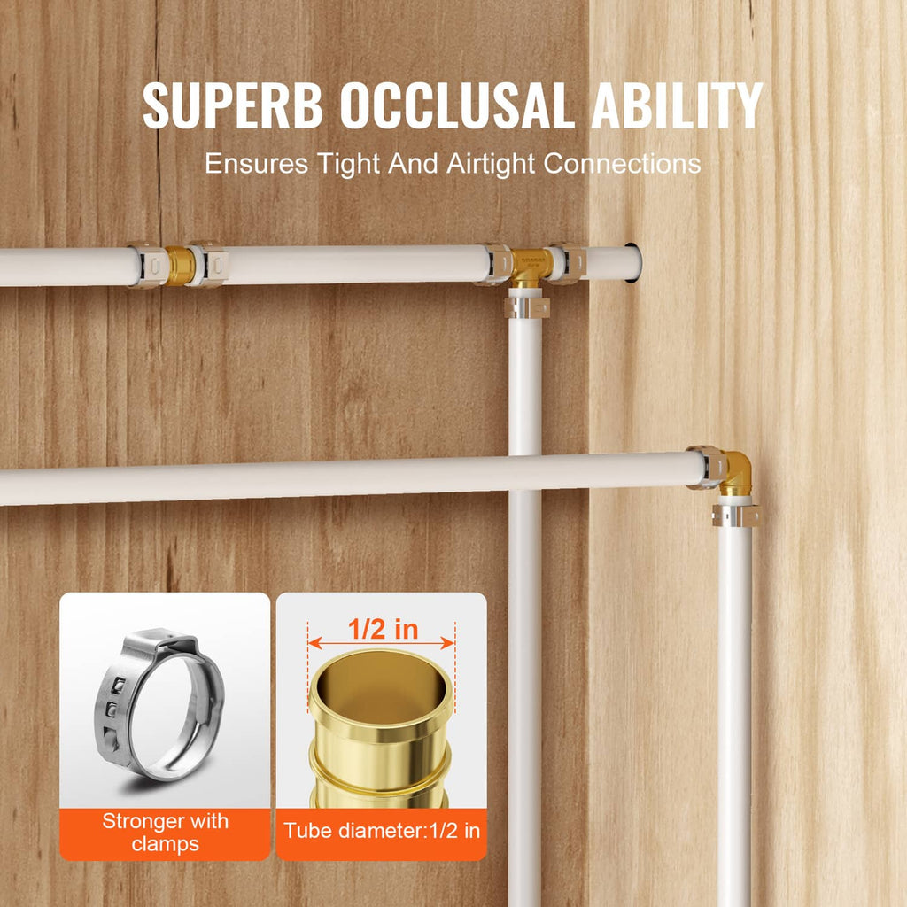 Brass tee clamp fitting joining white PEX tubes on wooden surface with silver rings