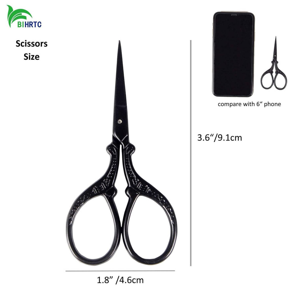 Black 3.6 in embroidery scissors with sharp stainless steel tips and finger loops