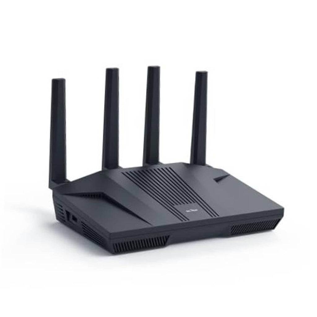 Black Wi-Fi 6 gaming router with four external antennas and vented base