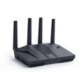 Black Wi-Fi 6 gaming router with four external antennas and vented base