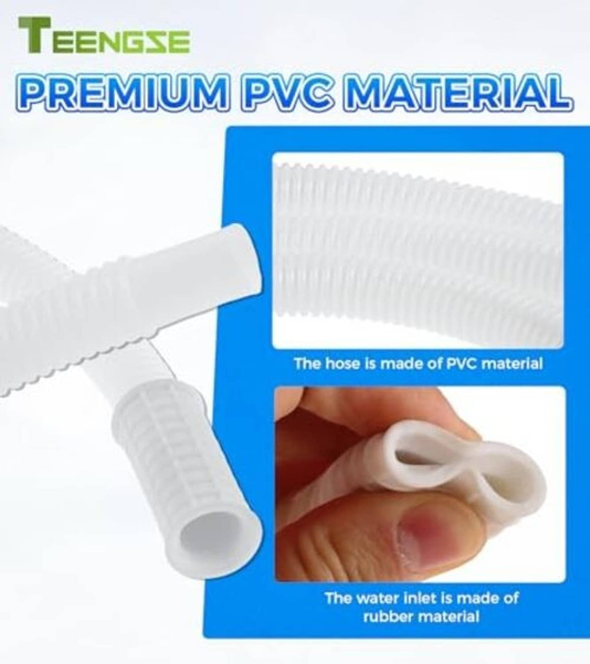 White PVC drain hose with rubber inlet piece, close-up connector section detail