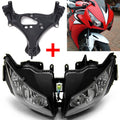Black front fairing and headlight stay bracket with mounting holes and slots