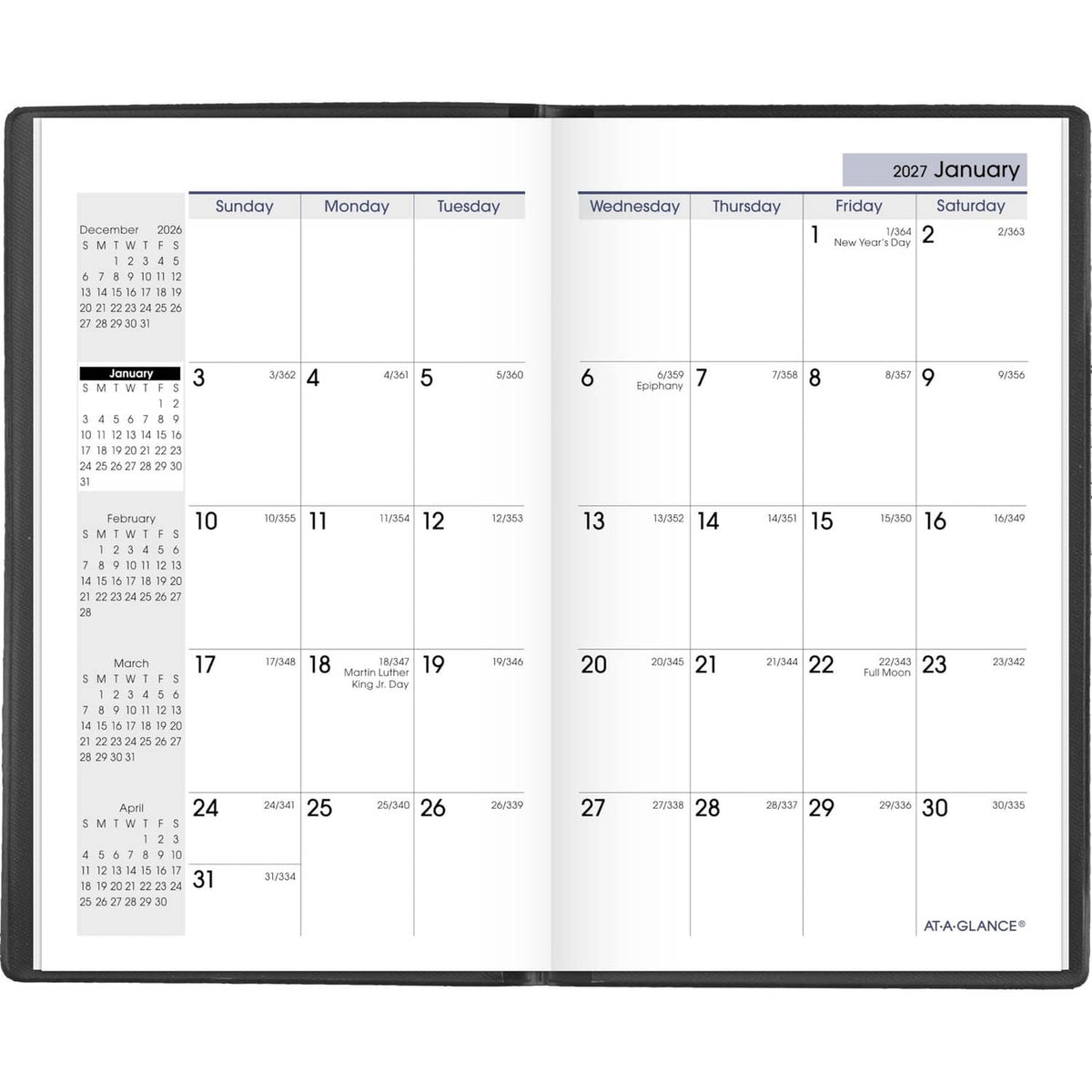 AT-A-GLANCE 2027 monthly planner open to January calendar with day grid